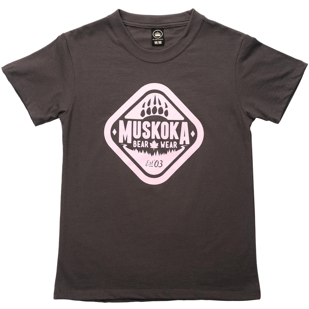 Muskoka Bear Wear – Youth T-Shirt (Organic Cotton) in Dark Charcoal with Pink