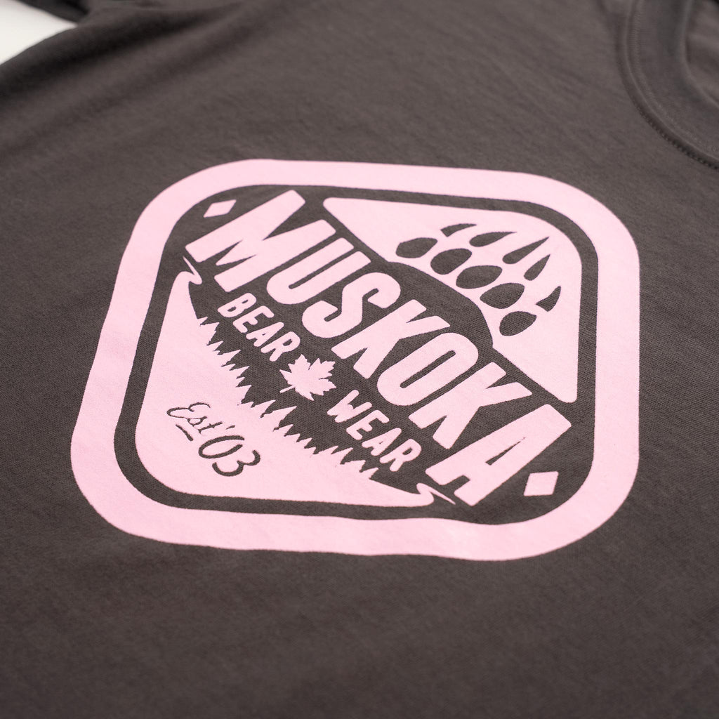 Muskoka Bear Wear – Youth T-Shirt (Organic Cotton) in Dark Charcoal with Pink