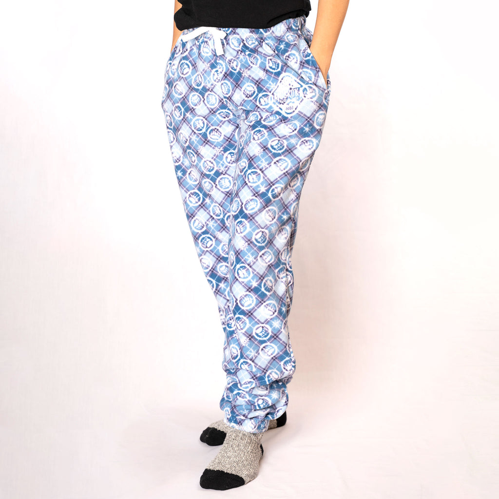 Muskoka Bear Wear – Ladies Christmas Cottage Comfy Pants in Light Blue with Lilac