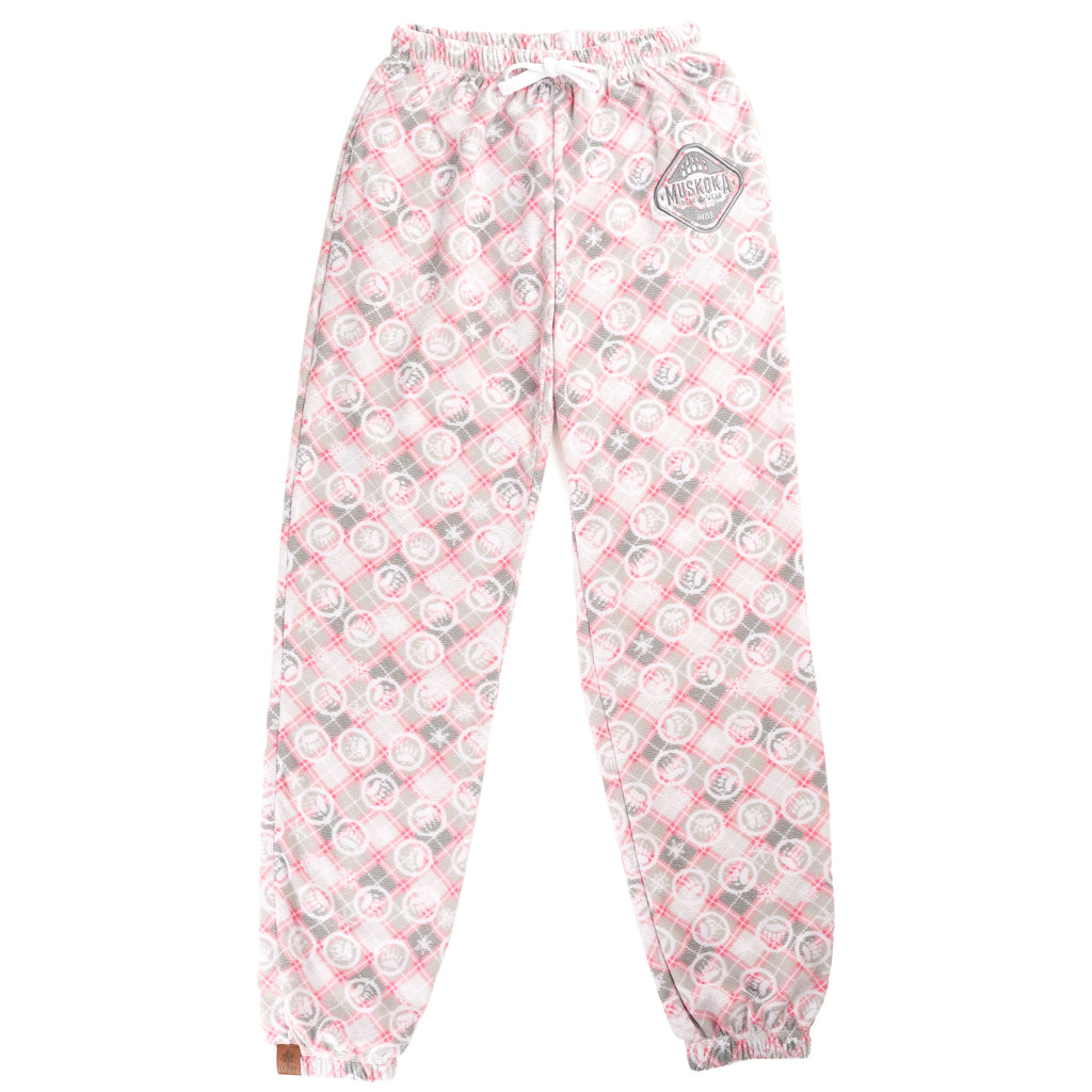 Muskoka Bear Wear – Ladies Christmas Cottage Comfy Pants in Pink with Grey