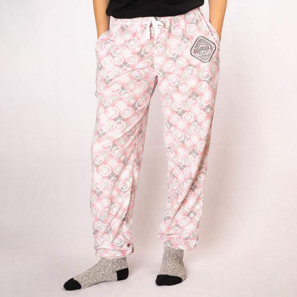 Muskoka Bear Wear – Ladies Christmas Cottage Comfy Pants in Pink with Grey