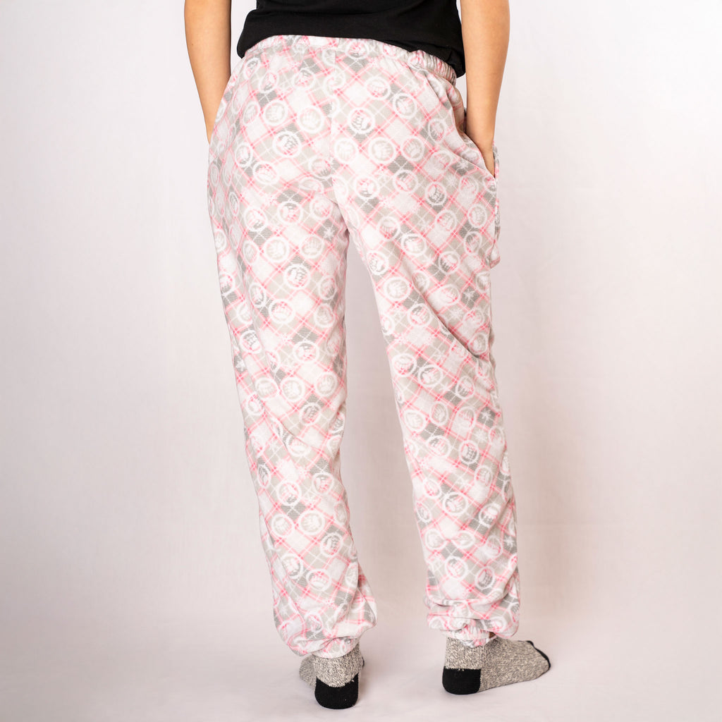 Muskoka Bear Wear – Ladies Christmas Cottage Comfy Pants in Pink with Grey
