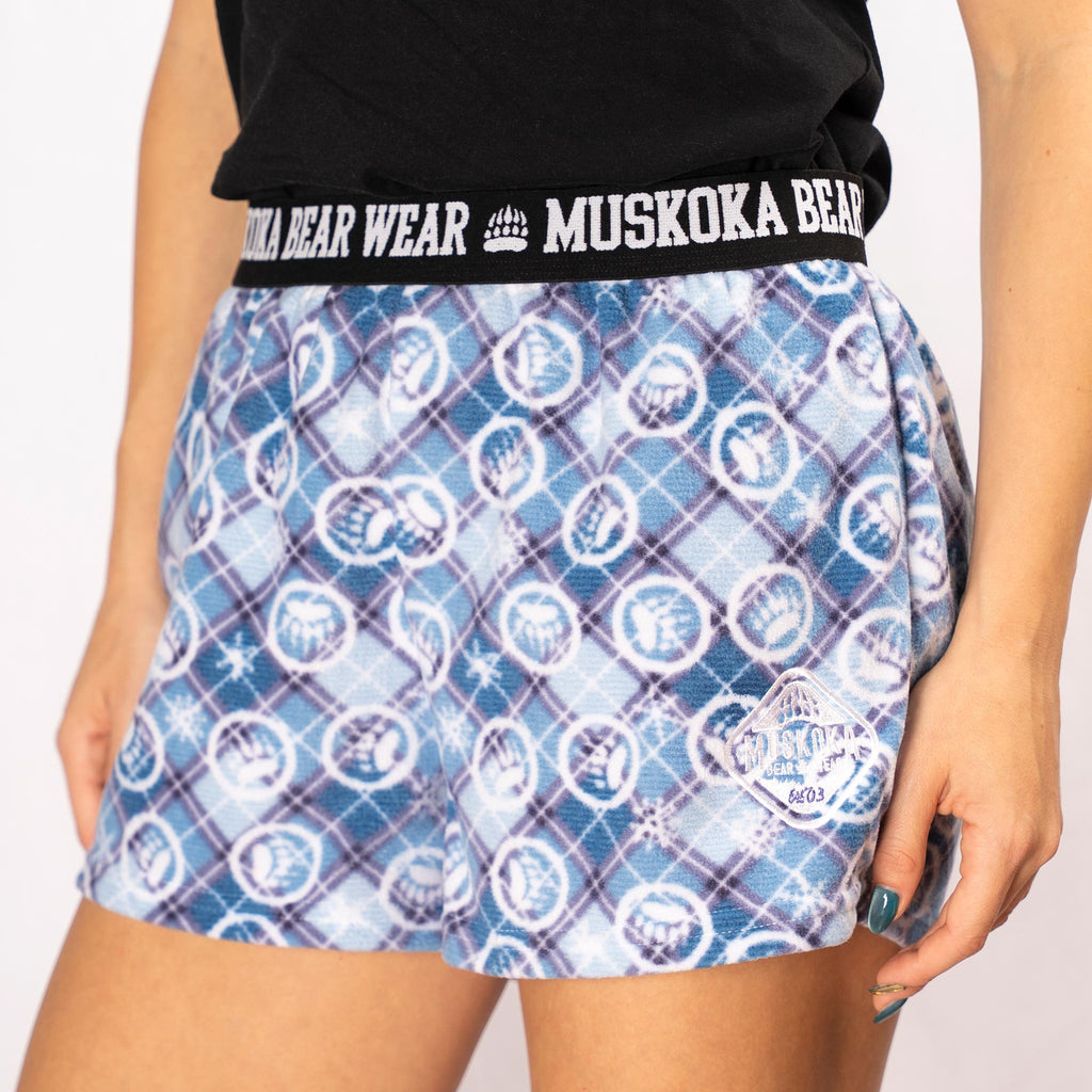 Muskoka Bear Wear – Ladies Christmas Cottage Comfy Shorts in Light Blue with Lilac