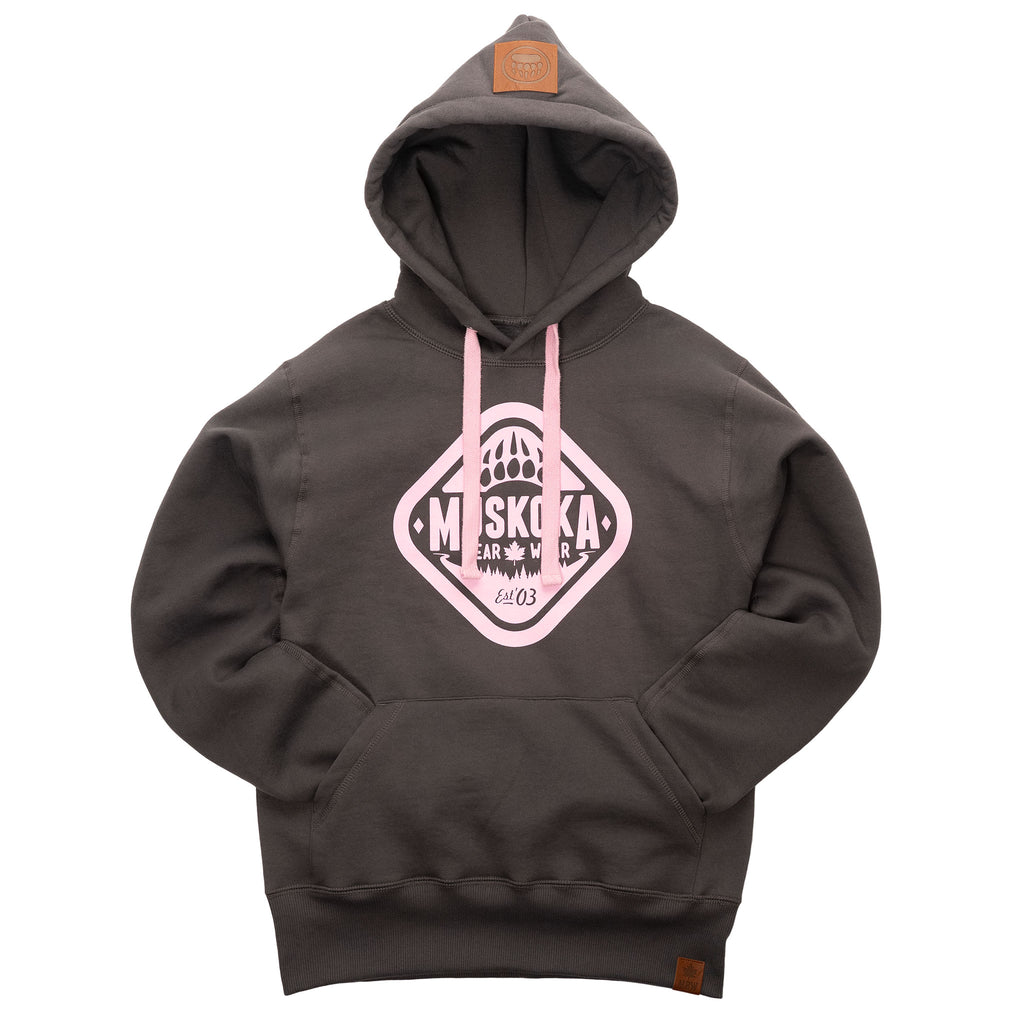 Muskoka Bear Wear – Made in Canada – Ladies Classic Hoody in Dark Charcoal with Pink