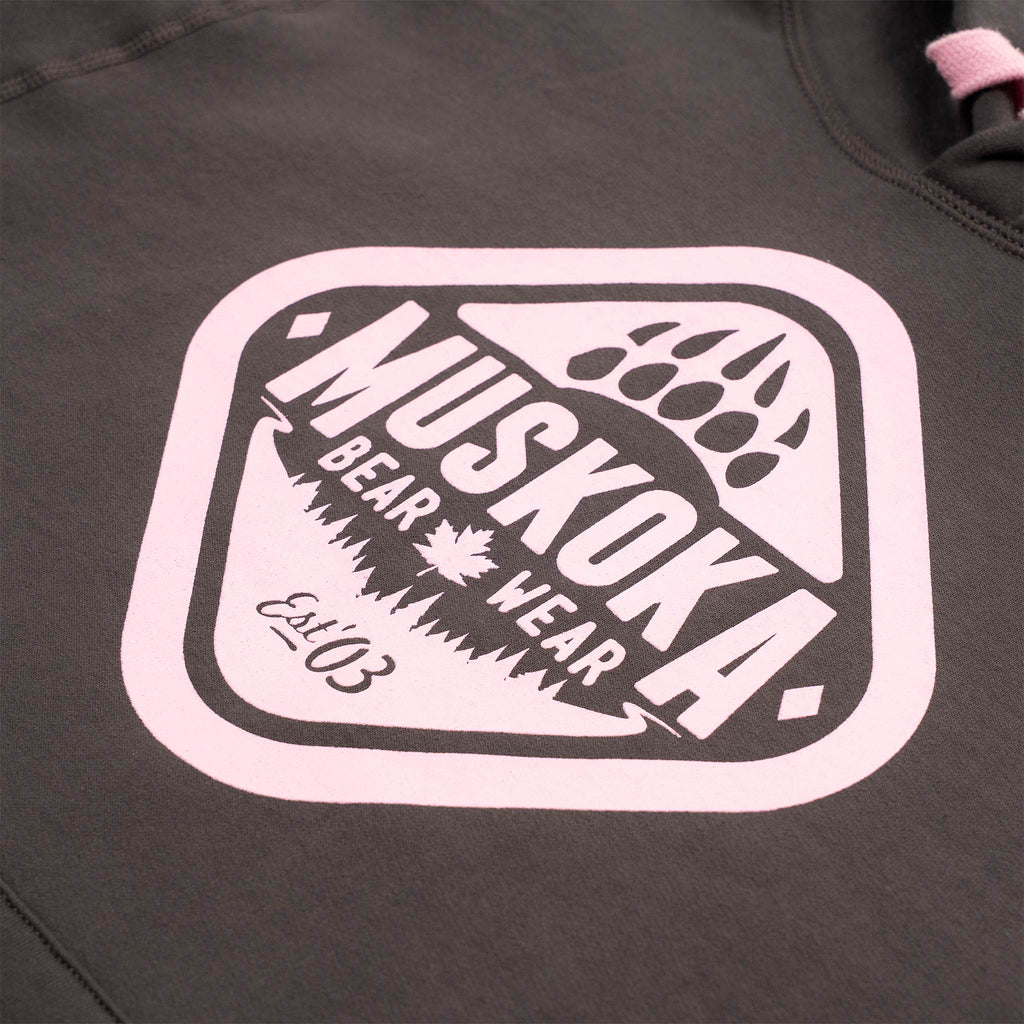 Muskoka Bear Wear – Made in Canada – Ladies Classic Hoody in Dark Charcoal with Pink