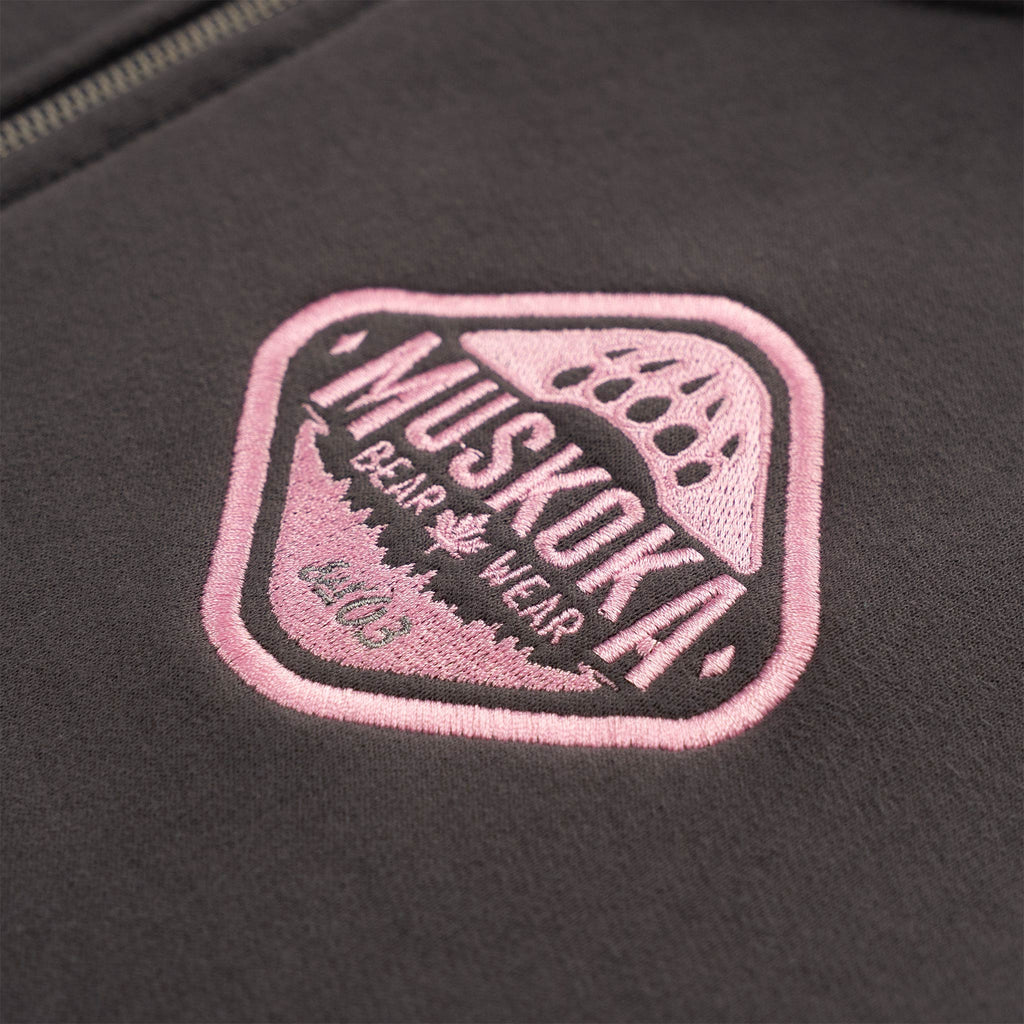 Muskoka Bear Wear – Made in Canada – Ladies Classic Full-Zip Hoody in Dark Charcoal with Pink
