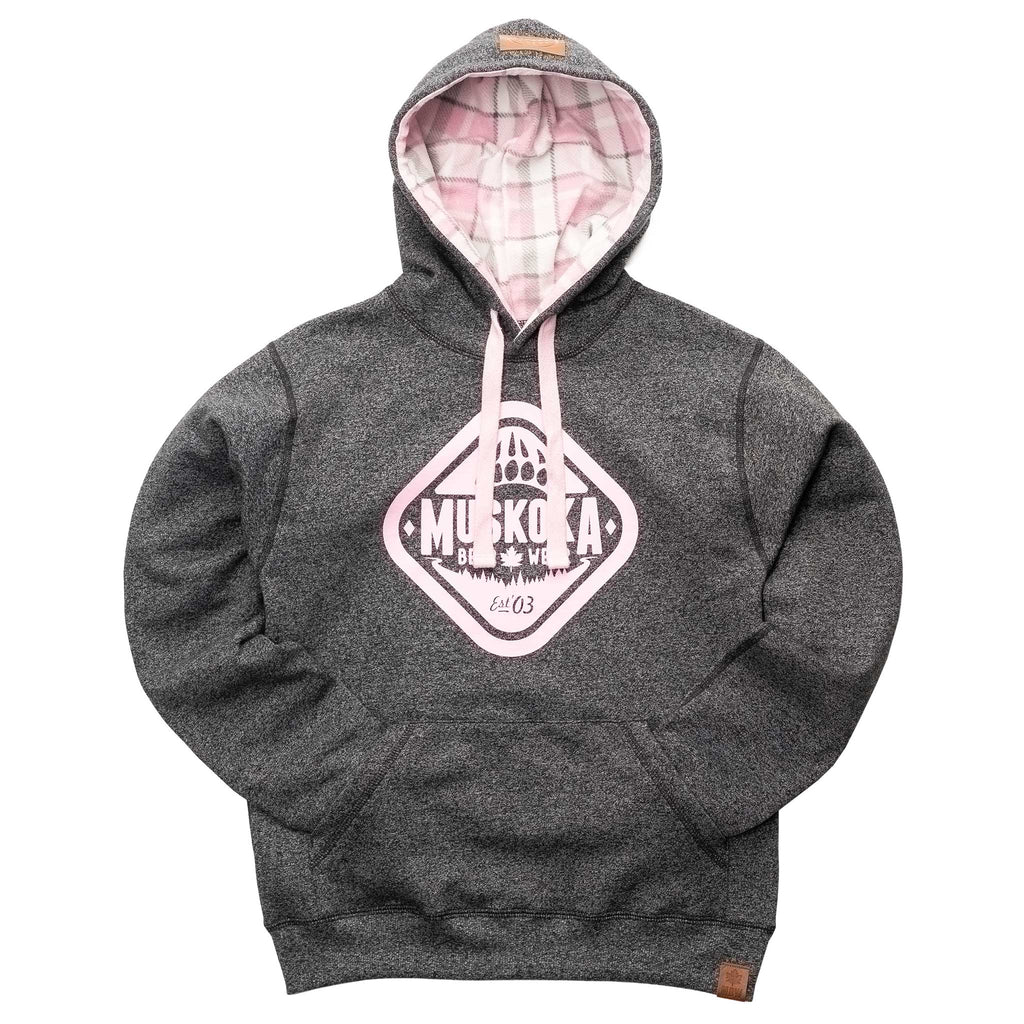 Muskoka Bear Wear – Ladies Vintage Cabin Hoody in Heather Black with Pink