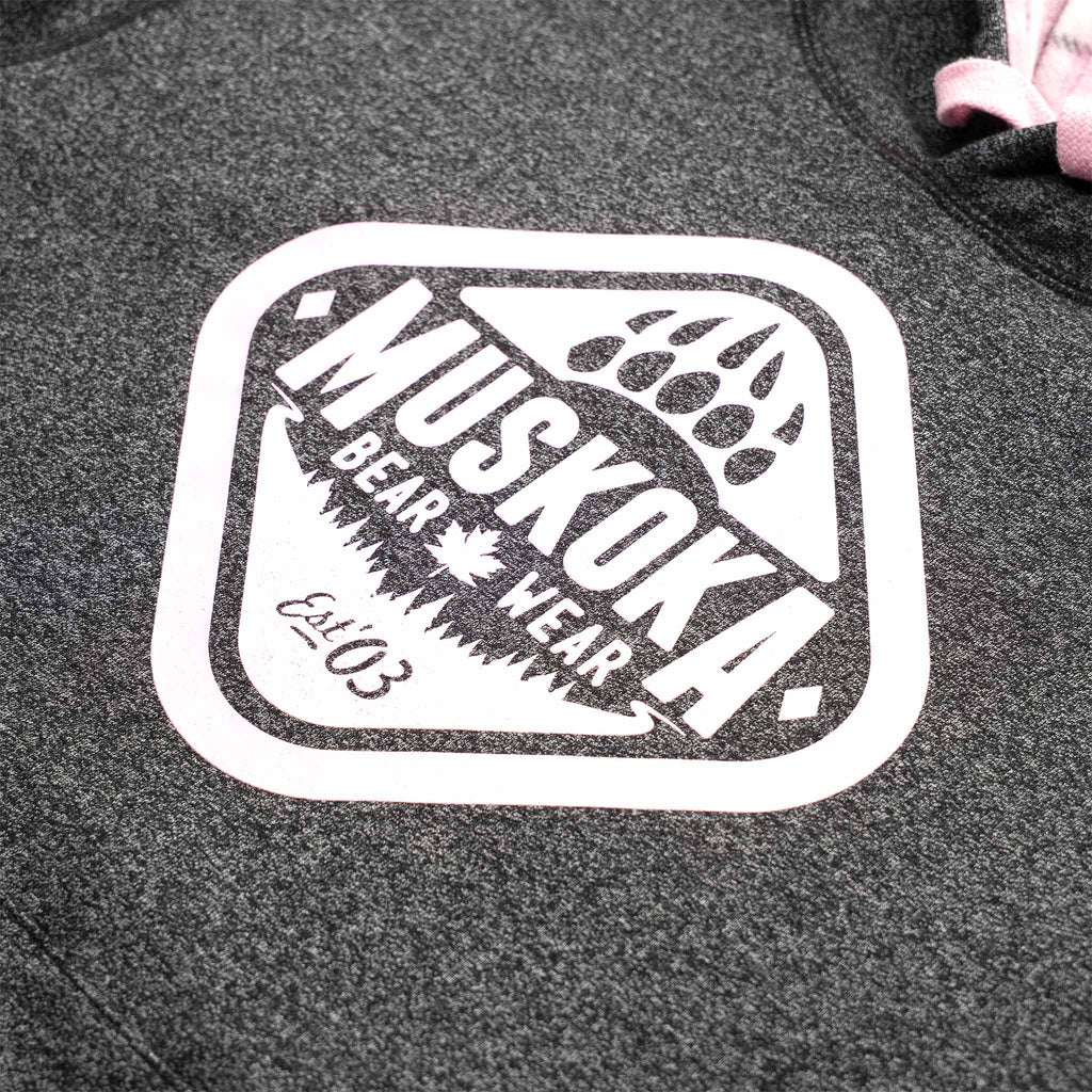Muskoka Bear Wear – Ladies Vintage Cabin Hoody in Heather Black with Pink