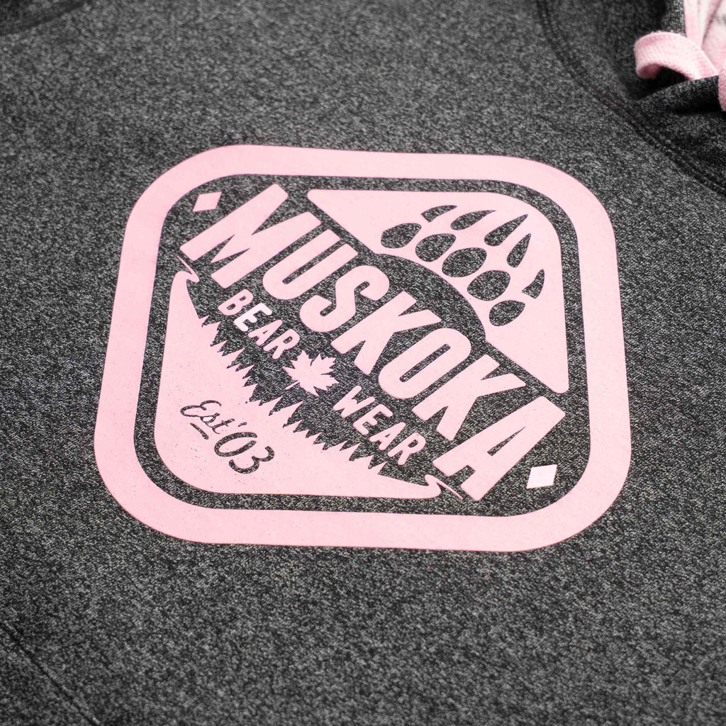 Muskoka Bear Wear – Ladies Vintage Cabin Hoody in Heather Black with Pink