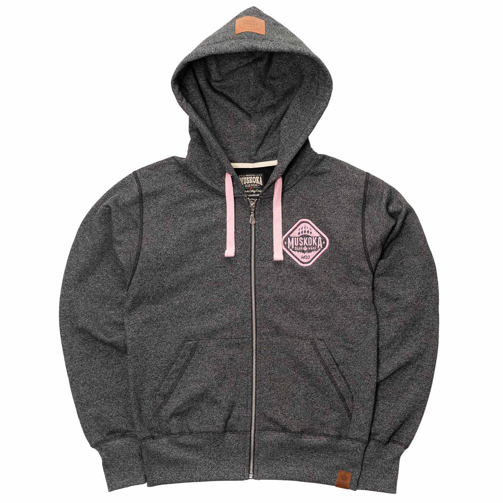 Muskoka Bear Wear – Ladies Vintage Full-Zip Jacket in Heather Black with Pink