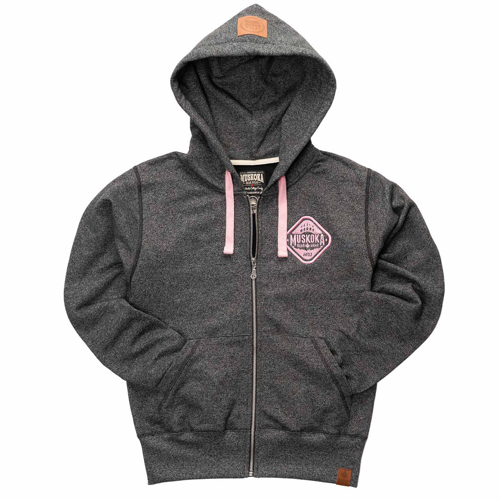 Muskoka Bear Wear – Ladies Vintage Full-Zip Jacket in Heather Black with Pink