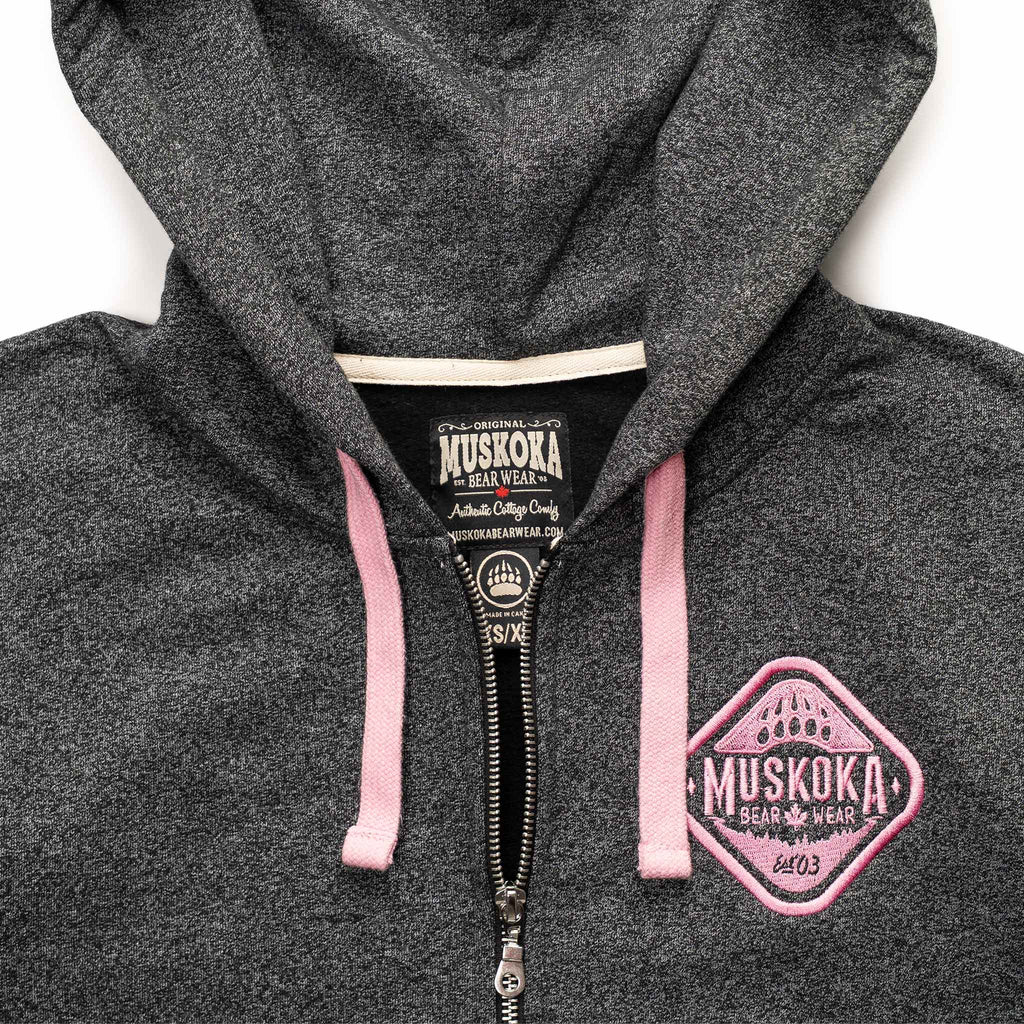 Muskoka Bear Wear – Ladies Vintage Full-Zip Jacket in Heather Black with Pink