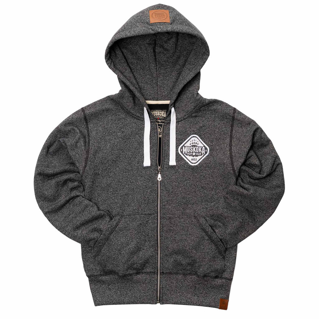 Muskoka Bear Wear – Ladies Vintage Full-Zip Jacket in Heather Black with White