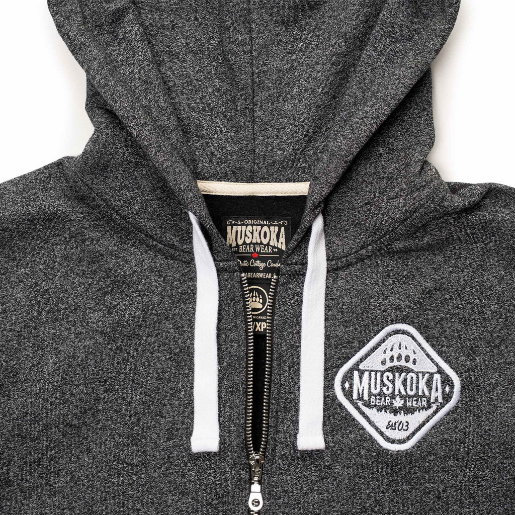 Muskoka Bear Wear – Ladies Vintage Full-Zip Jacket in Heather Black with White