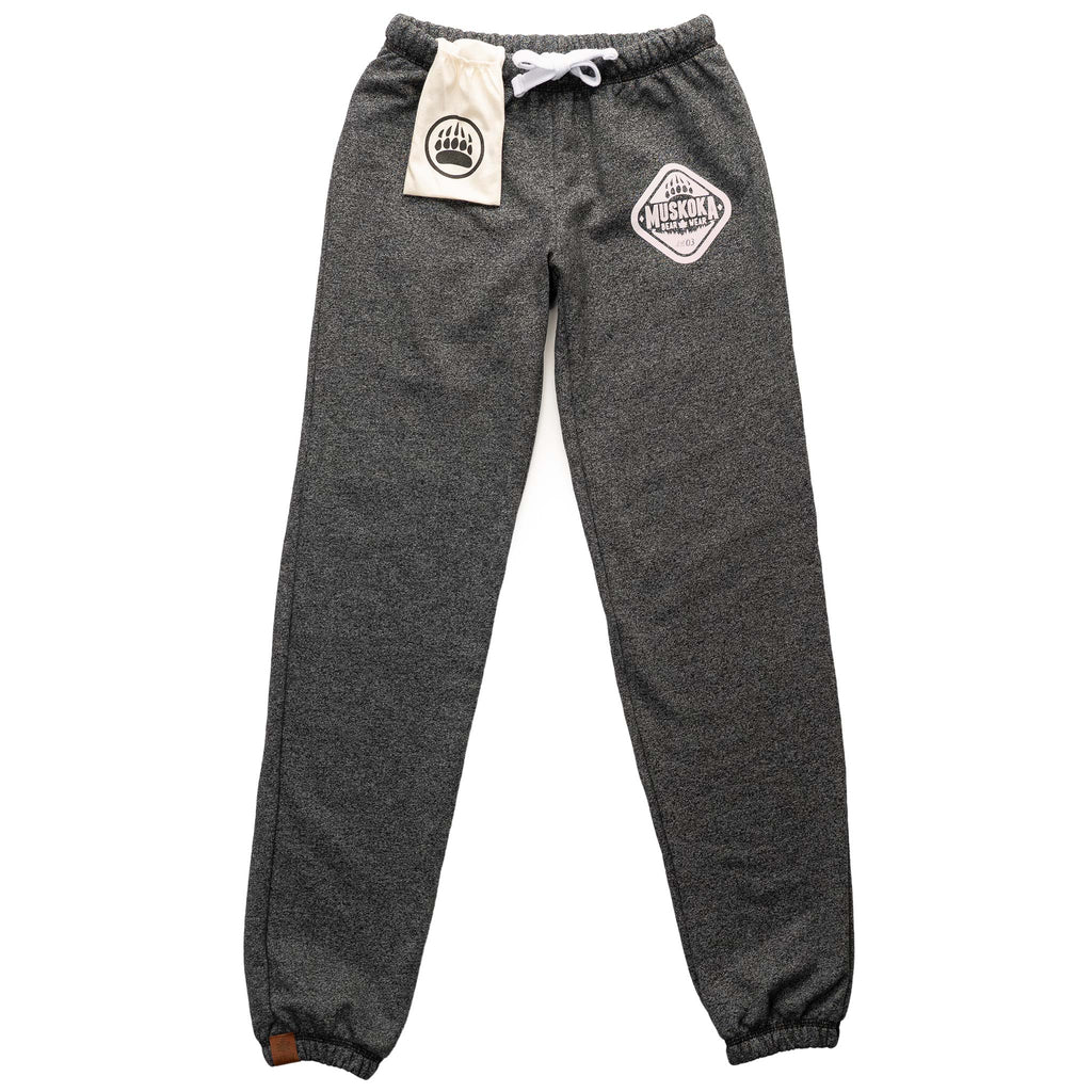 Muskoka Bear Wear – Ladies Vintage Paw Pants in Heather Black with Pink