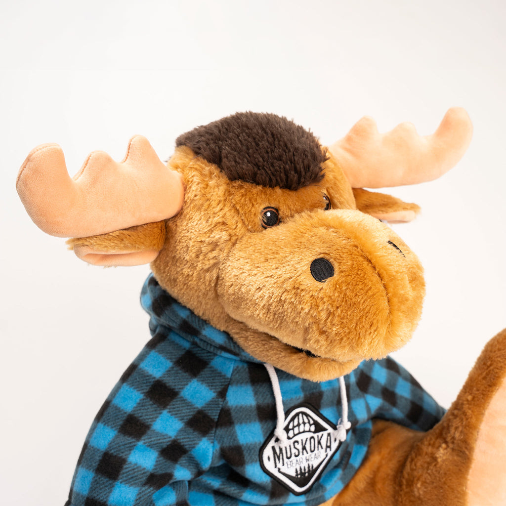 Muskoka Bear Wear – MBW Large Stuffed Moose with Blue Hoody