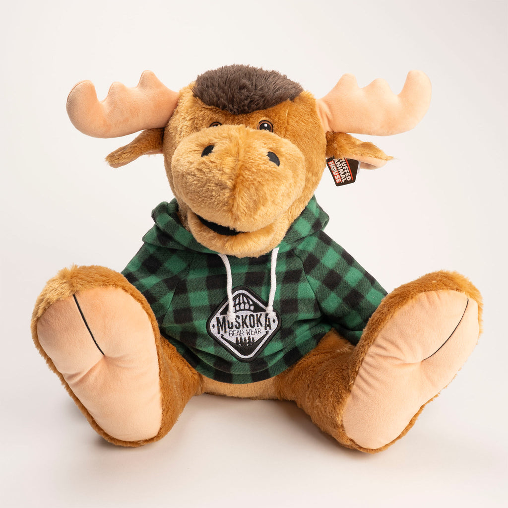 Muskoka Bear Wear – MBW Large Stuffed Moose with Green Hoody