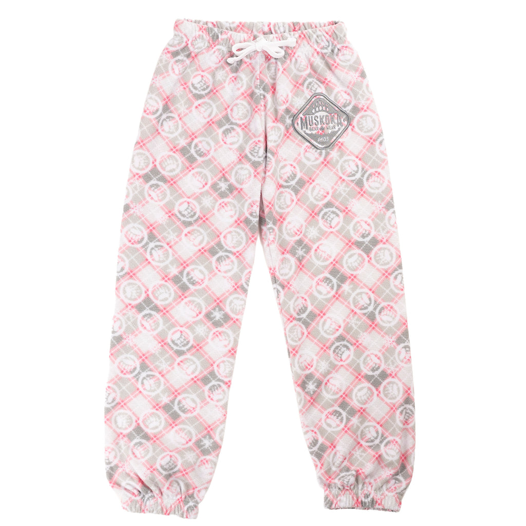 Muskoka Bear Wear – Youth Christmas Cottage Comfy Pants in Pink with Grey