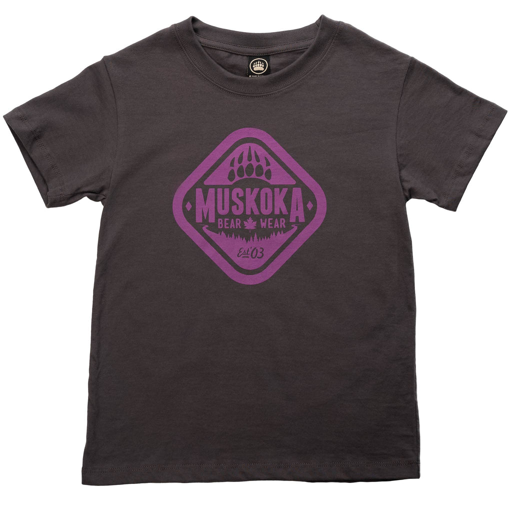 Muskoka Bear Wear – Youth T-Shirt (Organic Cotton) in Dark Charcoal with Dahlia