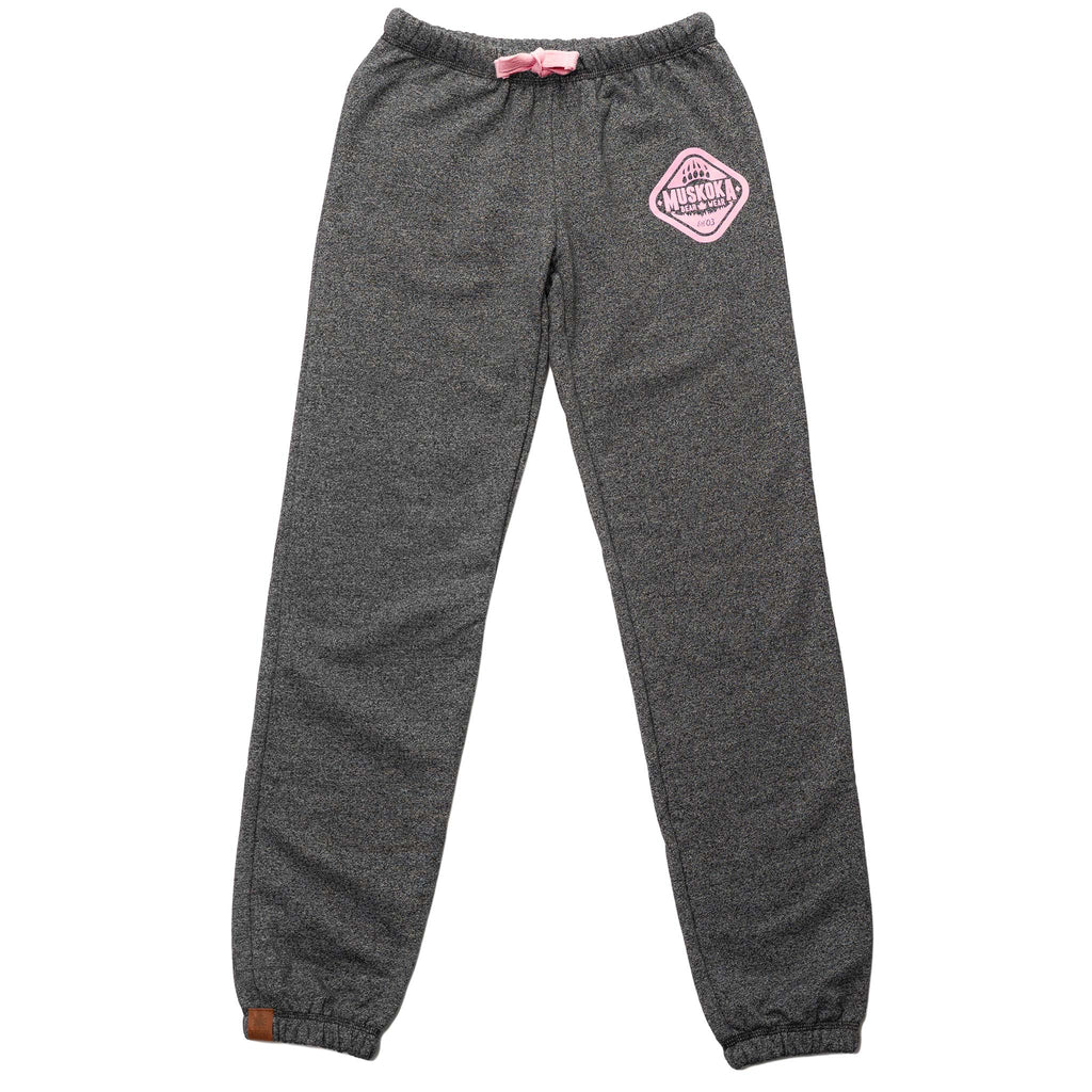 Muskoka Bear Wear – Ladies Vintage Paw Pants in Heather Black with Pink