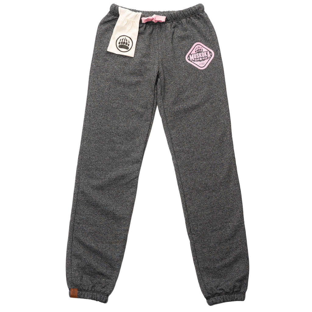 Muskoka Bear Wear – Ladies Vintage Paw Pants in Heather Black with Pink