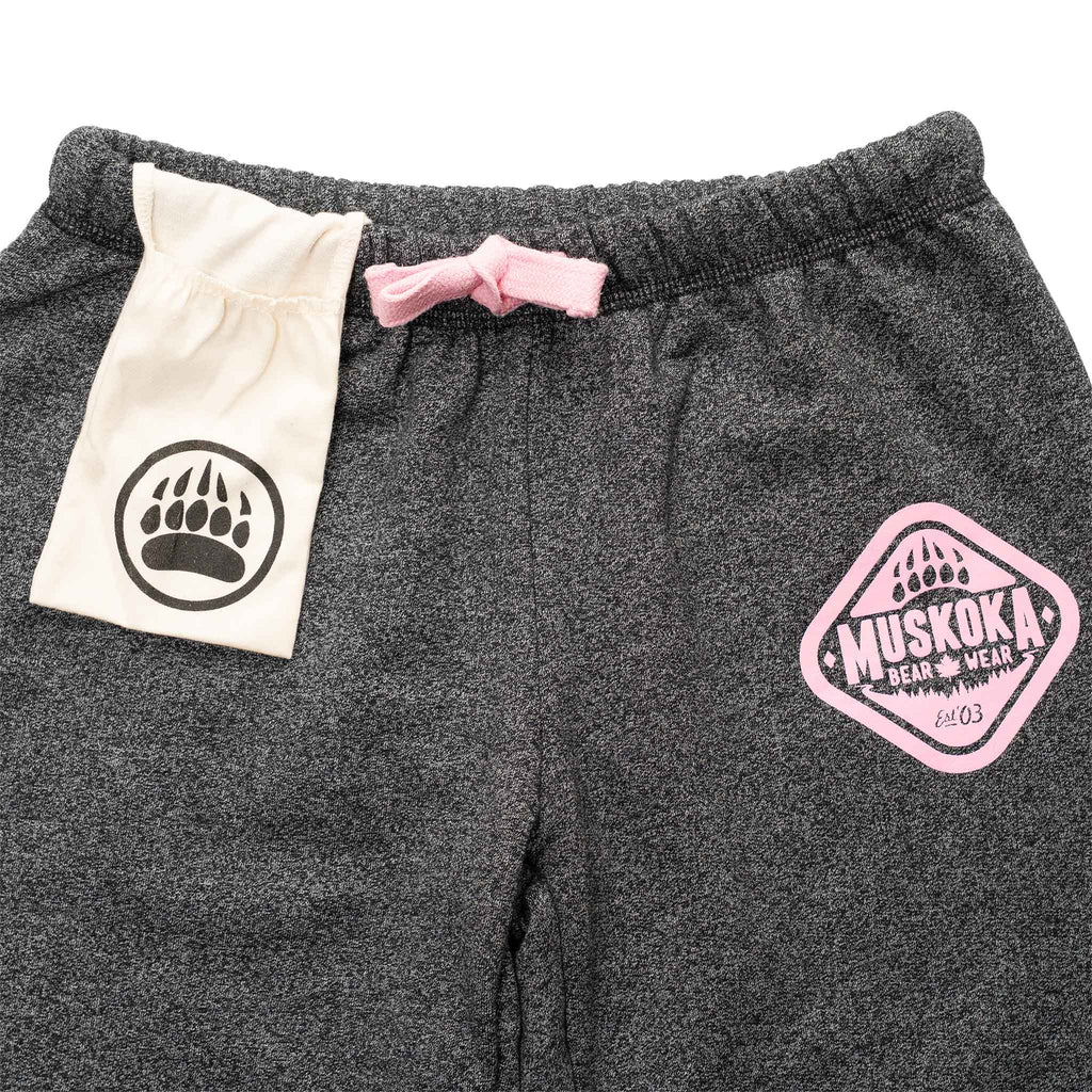 Muskoka Bear Wear – Ladies Vintage Paw Pants in Heather Black with Pink